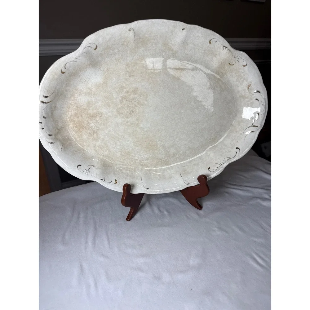 Vintage Sanford Porcelain Oval Serving Platter Scalloped Gold Gilt 16 Inch